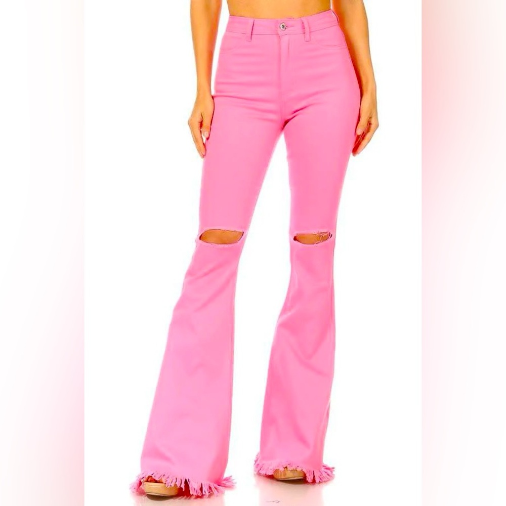 JC & JQ Pink High Rise Flare Jeans XL NWT Ripped Knee Fray Hem Stretch